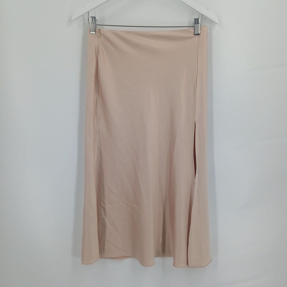 Womens size Large Beige Tan High Waisted Midi Skirt Side Slit Stretch Knit